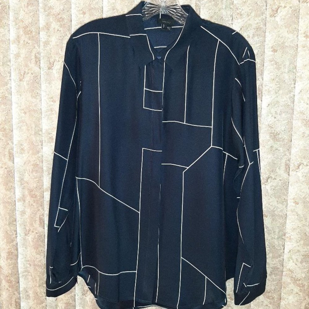 Theory Navy Blue Geometric Stripe Blouse